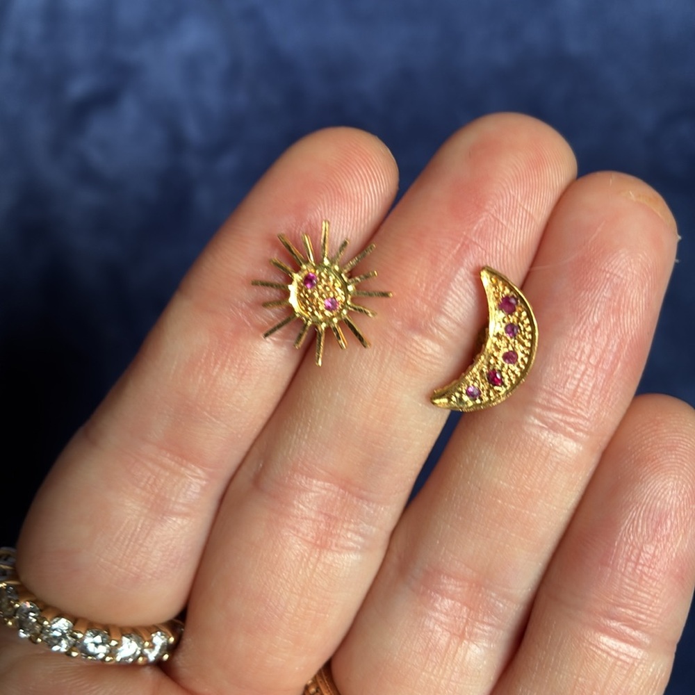 22k & 14k Solid Gold Sun and Moon Ruby Earrings